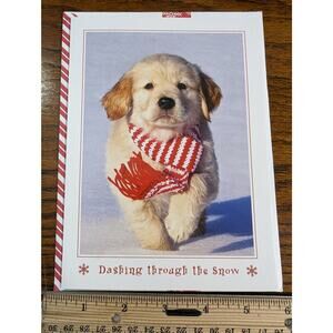 Vtg SPCAI Yellow White‎ Lab Puppy Dog Scarf Snow Christmas Holiday Greeting Card